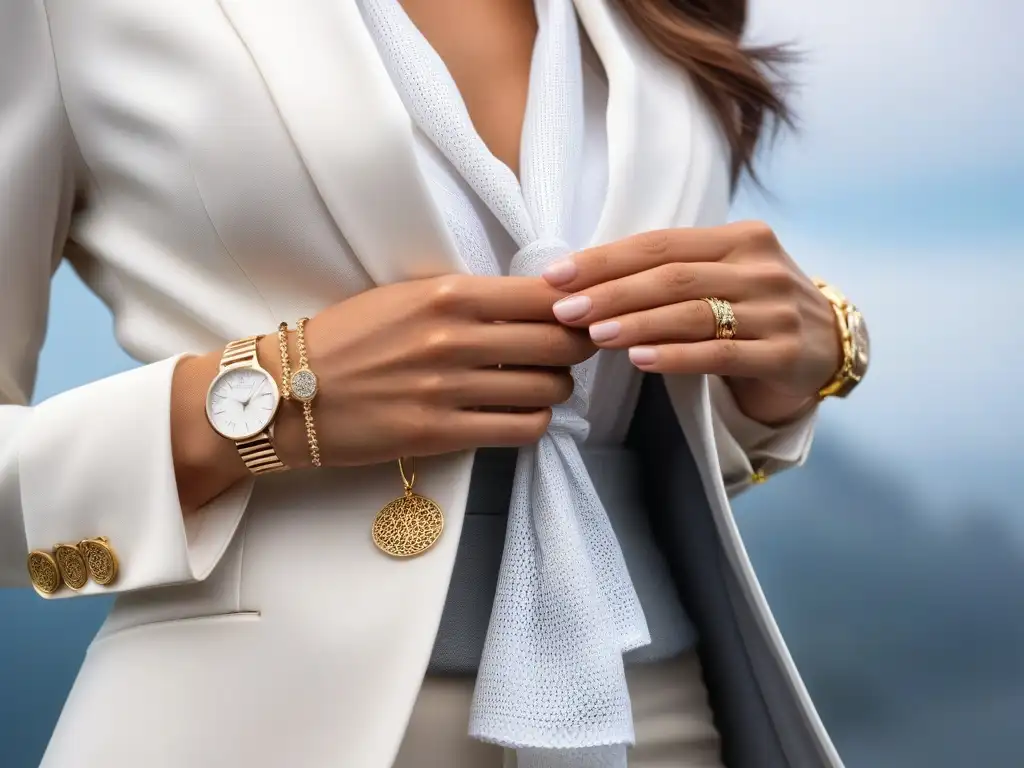 Detalle sofisticado: mujer elegante con accesorios delicados Detalle de mujer con accesorios clave para outfits petites, elegante y sofisticada