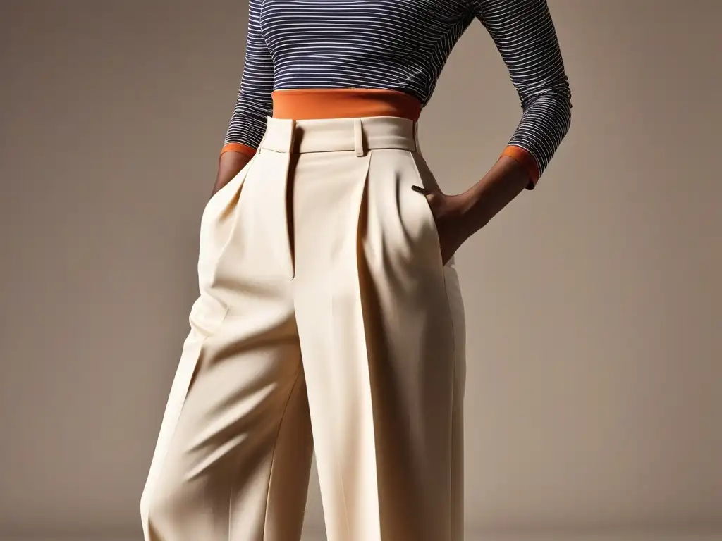 Pantalones de tiro alto: piernas alargadas y elegantes Detalle de mujer petite con pantalones de tiro alto y piernas alargadas en color neutro