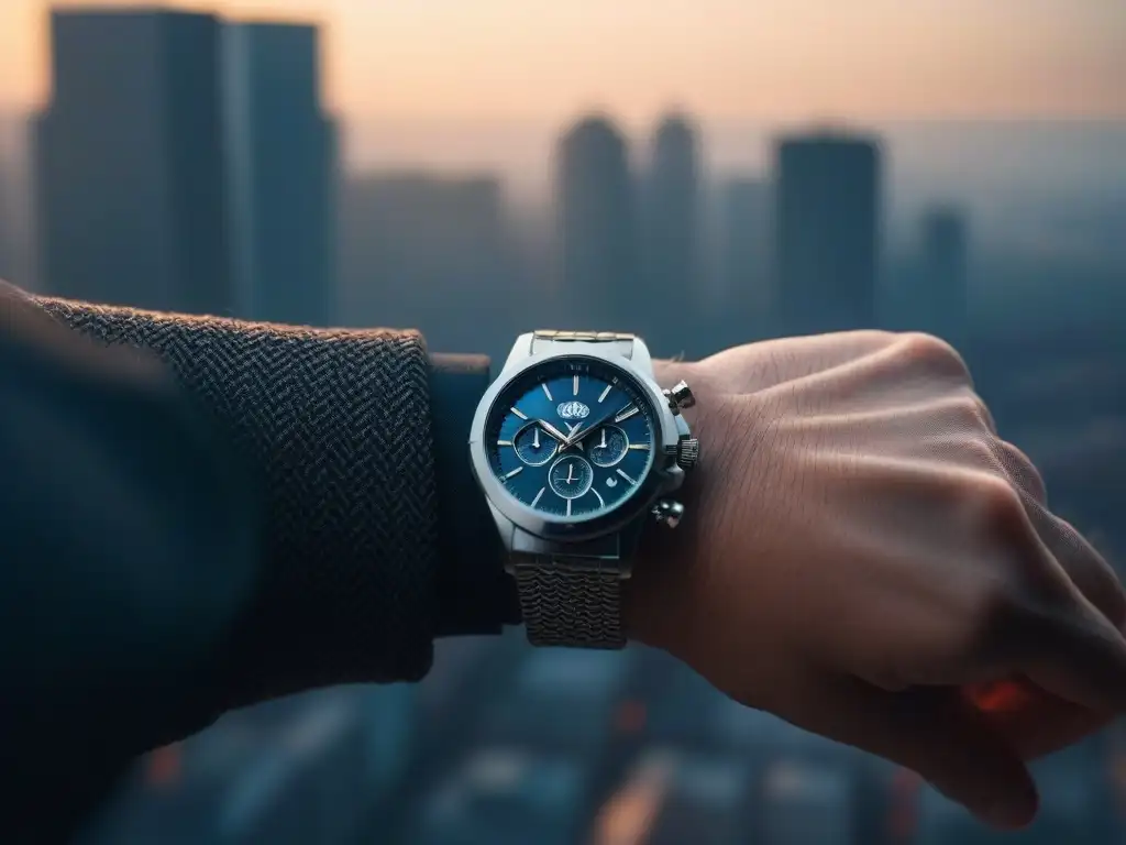 Manos elegantes ajustan reloj urbano al atardecer Detalle de reloj de hombre petite ajustado por manos elegantes, con skyline al atardecer