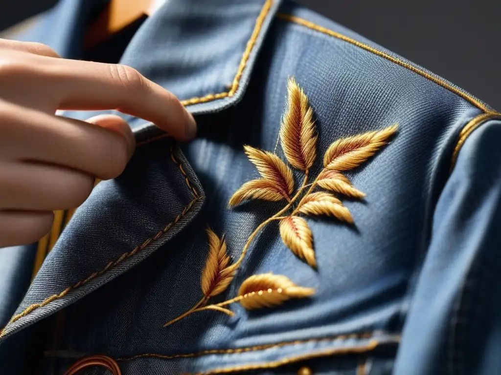 Bordado artesanal en chaqueta de mezclilla: personalización inclusiva Detalle de un sastre hábil bordando delicadamente una chaqueta de mezclilla, representando la personalización de prendas de moda con precisión y arte