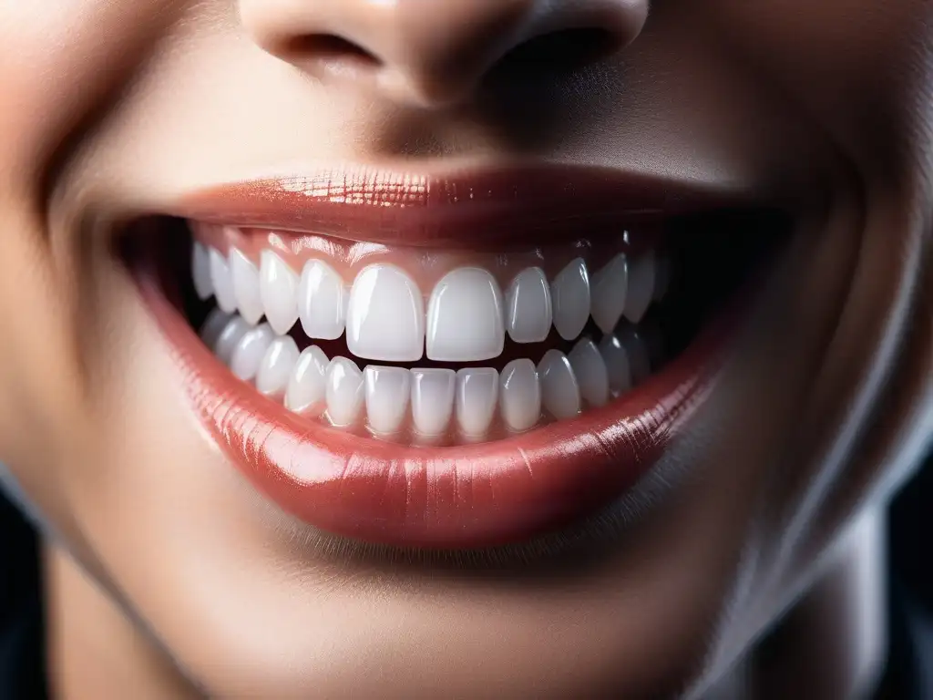 Sonrisa radiante: detalle ultra en dientes alineados perfectos Detalle de sonrisa blanca radiante con dientes perfectamente alineados y acabado brillante