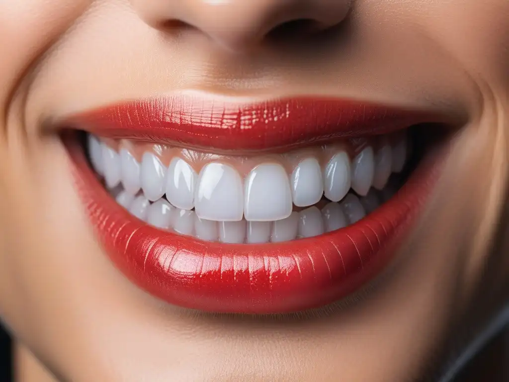 Dientes blancos impecables: detalle ultradetallado y sonrisa perfecta Detalle de sonrisa perfecta con dientes blancos y alineados, resaltando la estética dental