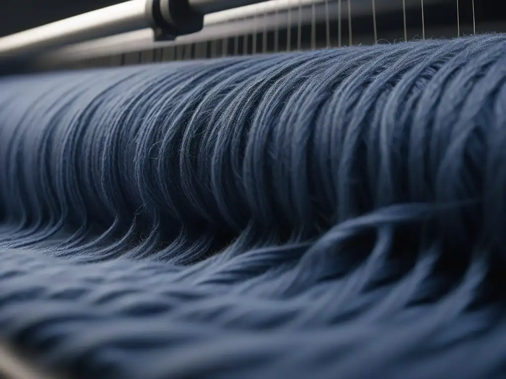 Tela de lana merino sostenible tejida con maestría Detalle de tejido de lana merina sostenible en telar de última generación, destacando calidad y artesanía en moda inclusiva