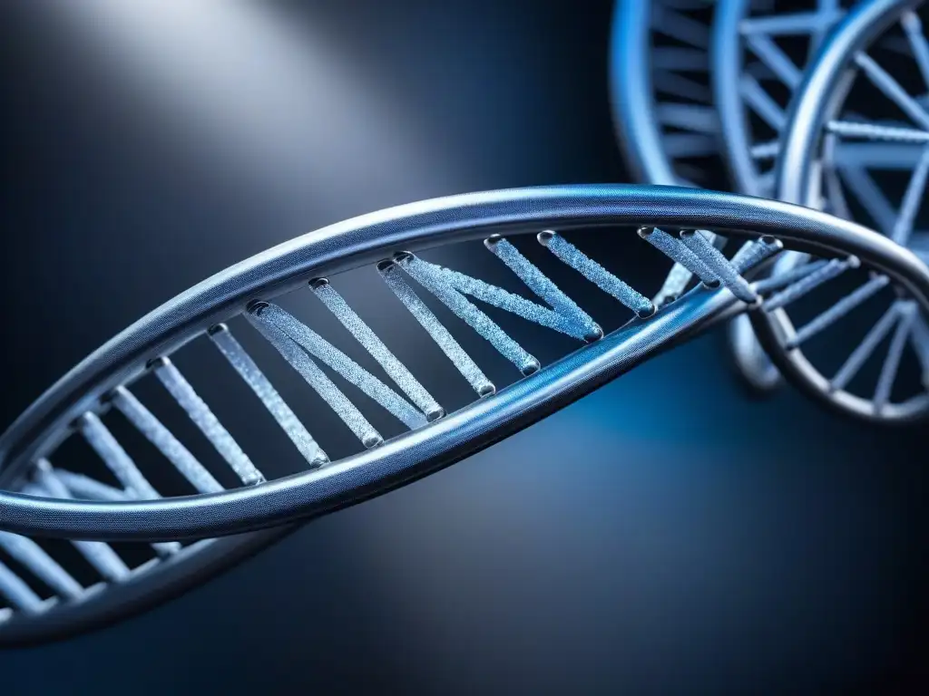 DNA elegante en azul y plata: tratamiento genético de belleza Detalle ultradetallado de una cadena de ADN retorciéndose en tonos azules y plateados, con patrones intrincados y destellos brillantes que simbolizan tratamientos de belleza personalizados genética, sobre un fondo oscuro futurista