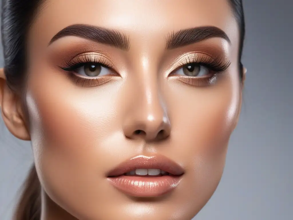 Imagen detallada: piel radiante y perfecta con primer de alta calidad Detalle ultradetallado de la piel radiante de una mujer, resaltando la perfección del primer