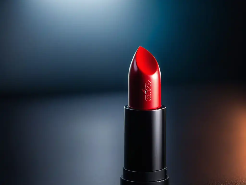 Barra de labios roja vibrante: detalle ultra glamuroso Detalle vibrante de labial rojo, con remolinos de color, acabado brillante y duradero en elegante fondo negro