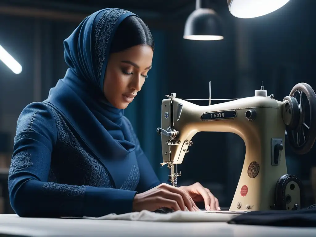 Artesano cosiendo patrones en tela sostenible Detalles artesanales en moda sostenible: manos expertas cosiendo patrones en tela de lujo