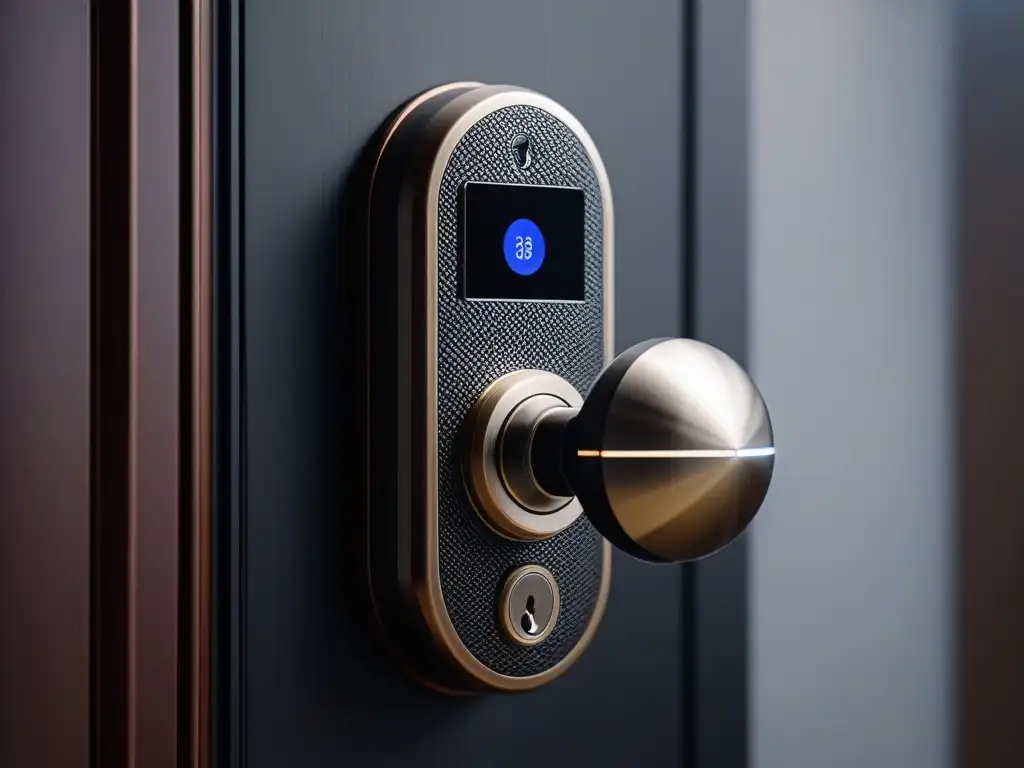 Smart lock futurista: diseño metálico y tecnología avanzada Detalles futuristas y sofisticados de una cerradura inteligente, combinando seguridad y estilo en cerraduras