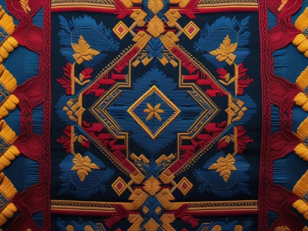 Textil tradicional: Intrincados patrones geométricos en vibrantes colores Detalles geométricos vibrantes en textil tradicional, influencia global