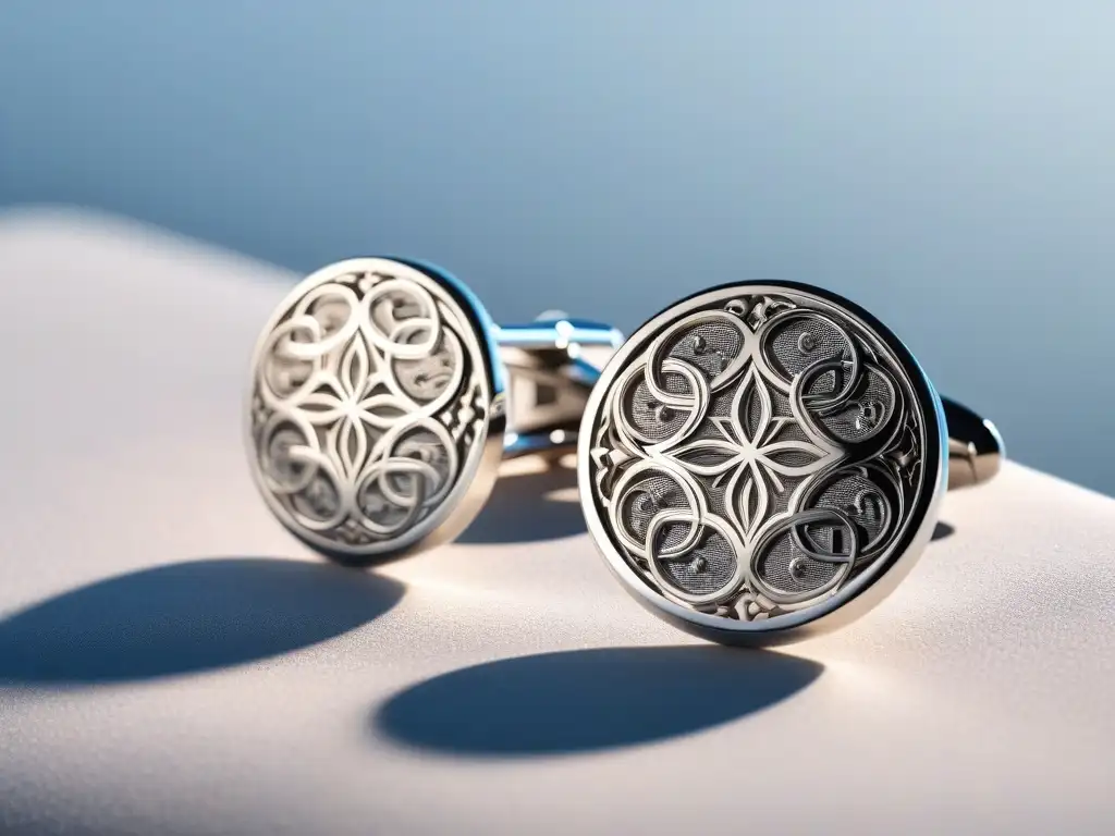 Elegantes gemelos plateados de lujo: detalle y sofisticación Detalles de lujo: gemelos plateados con diseño geométrico, reflejando la artesanía en accesorios de alta gama para trajes a medida inclusivos