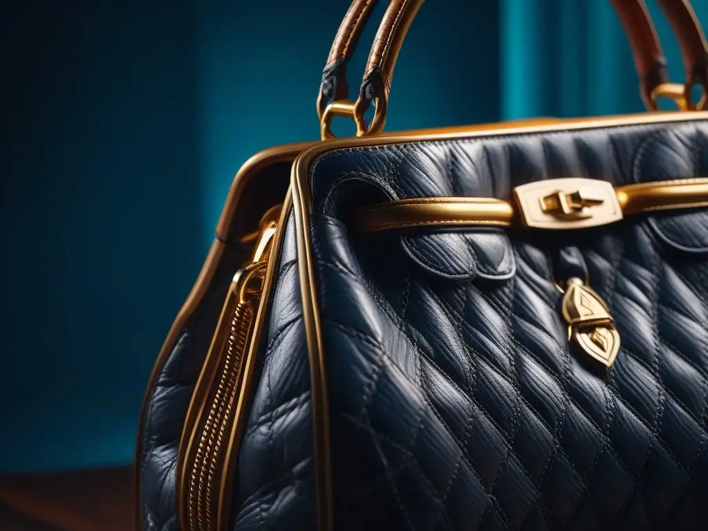 Exquisita artesanía en bolso de diseñador: detalles dorados y cuero de lujo Detalles lujosos de un bolso de diseñador: costuras meticulosas, cuero lujoso y detalles en oro