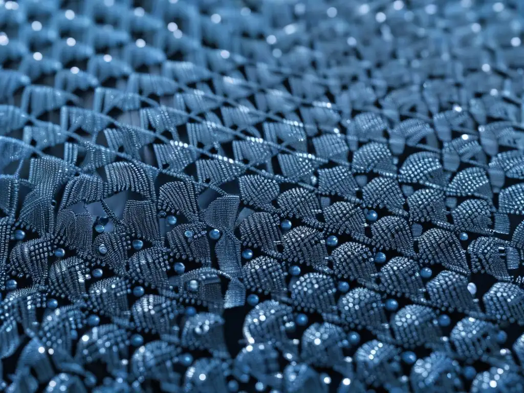 Exquisita tela reciclada con gotas de agua brillante Detalles de tela brillante de botellas recicladas, tejidos como encaje con gotas de agua, simbolizando moda sostenible