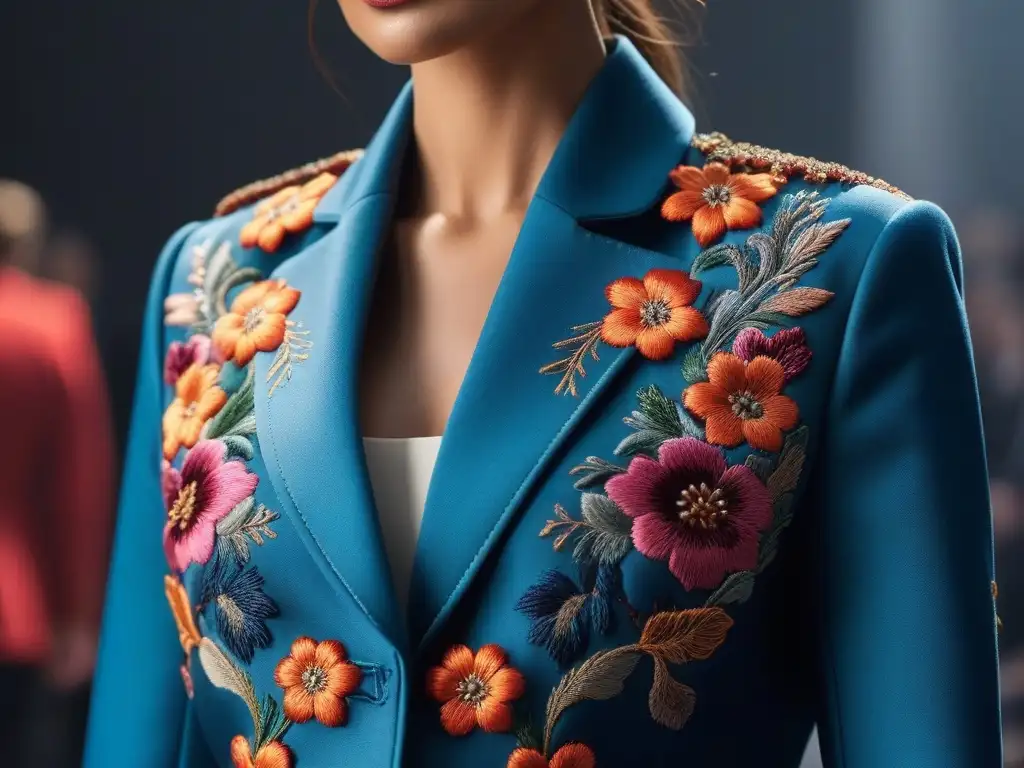 Estampado floral bordado en chaqueta petite: tendencia 2023 Detalles vibrantes en bordado floral de chaqueta pequeña, última tendencia moda 2023 petite