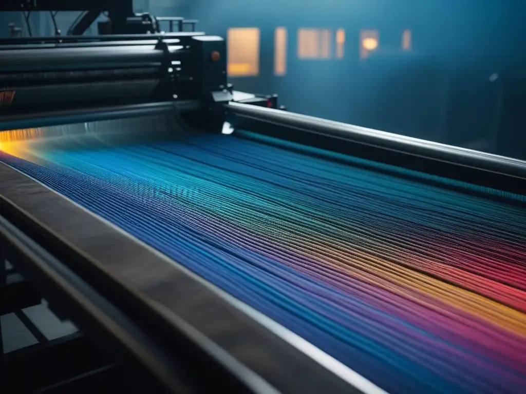 Tejido sostenible en telar moderno: detalle vibrante Detalles vibrantes de tejidos innovadores en telar moderno, moda sostenible en economía circular
