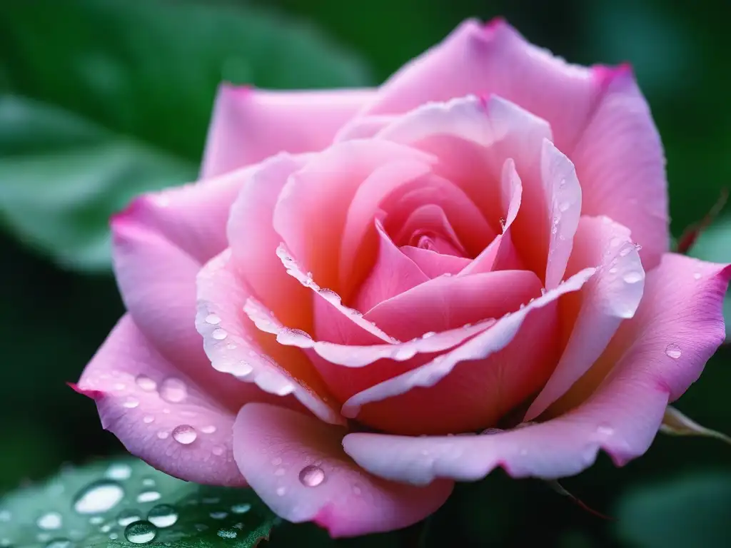 Detalles vívidos de pétalo de rosa con gotas de agua Detalles vívidos de pétalo de rosa sobre hojas verdes, con gotas de agua brillantes bajo luz natural