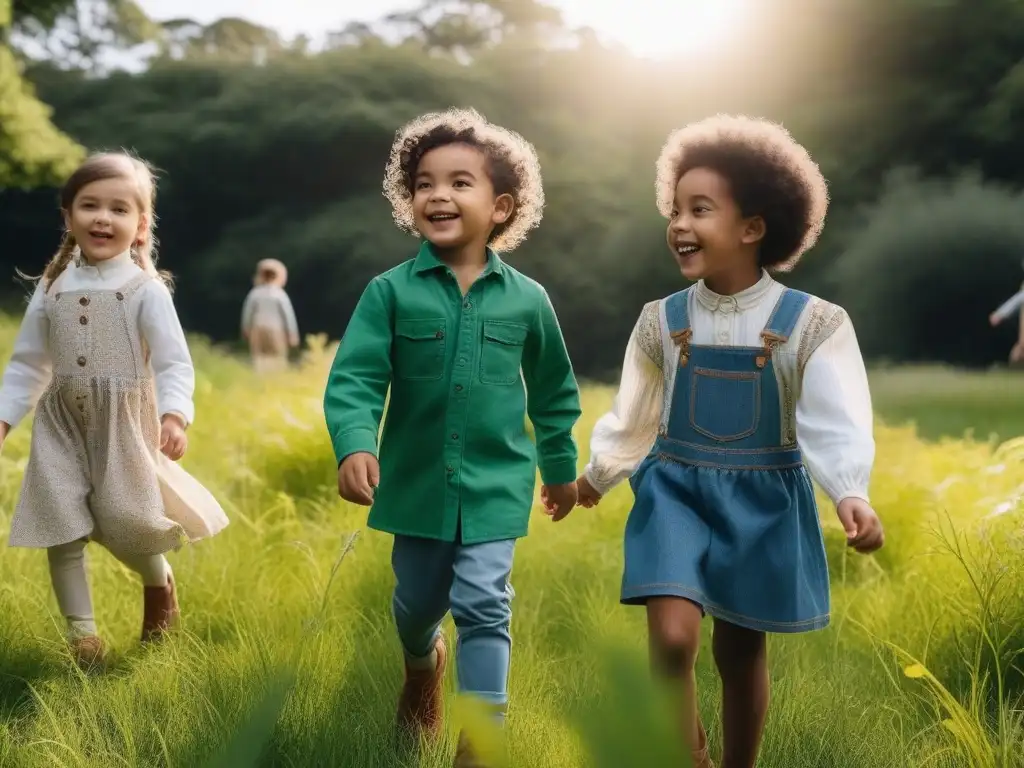 Niños felices en parque ecológico con moda sostenible Un día radiante en el parque: niños diversos juegan felices con moda infantil sostenible para futuros conscientes