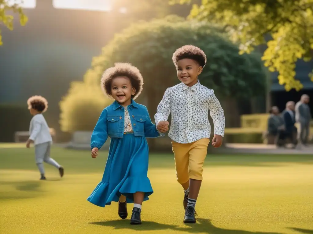 Un día soleado en el parque: niños de diferentes etnias y habilidades juegan felices, vistiendo moda infantil adaptativa inclusiva