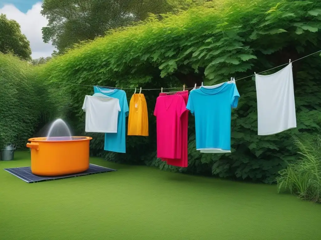 Lavandería ecológica: comunidad feliz cuidando el planeta Un día soleado en un jardín verde donde personas de todas las edades y culturas lavan y cuelgan ropa sostenible con técnicas ecofriendly
