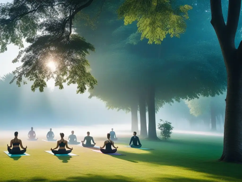 Vitalidad en el parque: yoga, jogging y pesas al aire libre Un día vibrante en el parque: gente diversa haciendo ejercicio al aire libre con sonrisas brillantes y vitalidad
