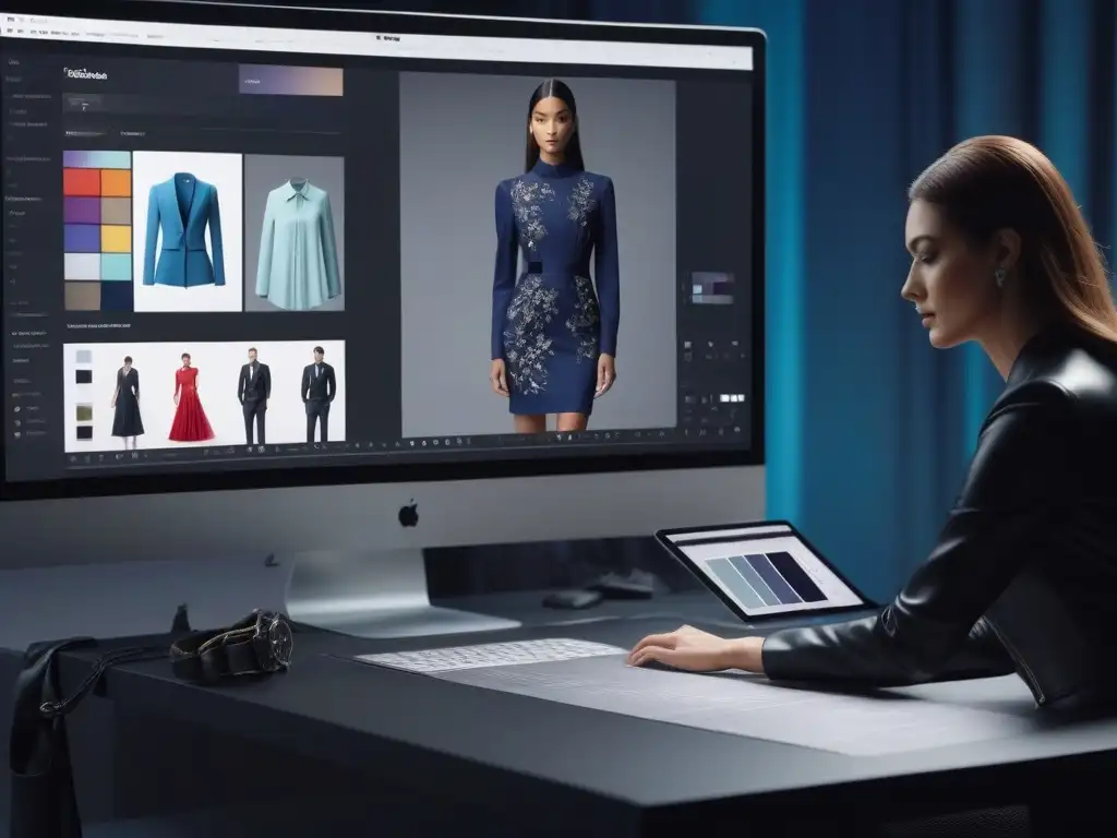 Diseñador de moda creando diseño personalizado en software de alta gama Un diseñador de moda de alta gama crea prendas personalizadas en un elegante entorno digital