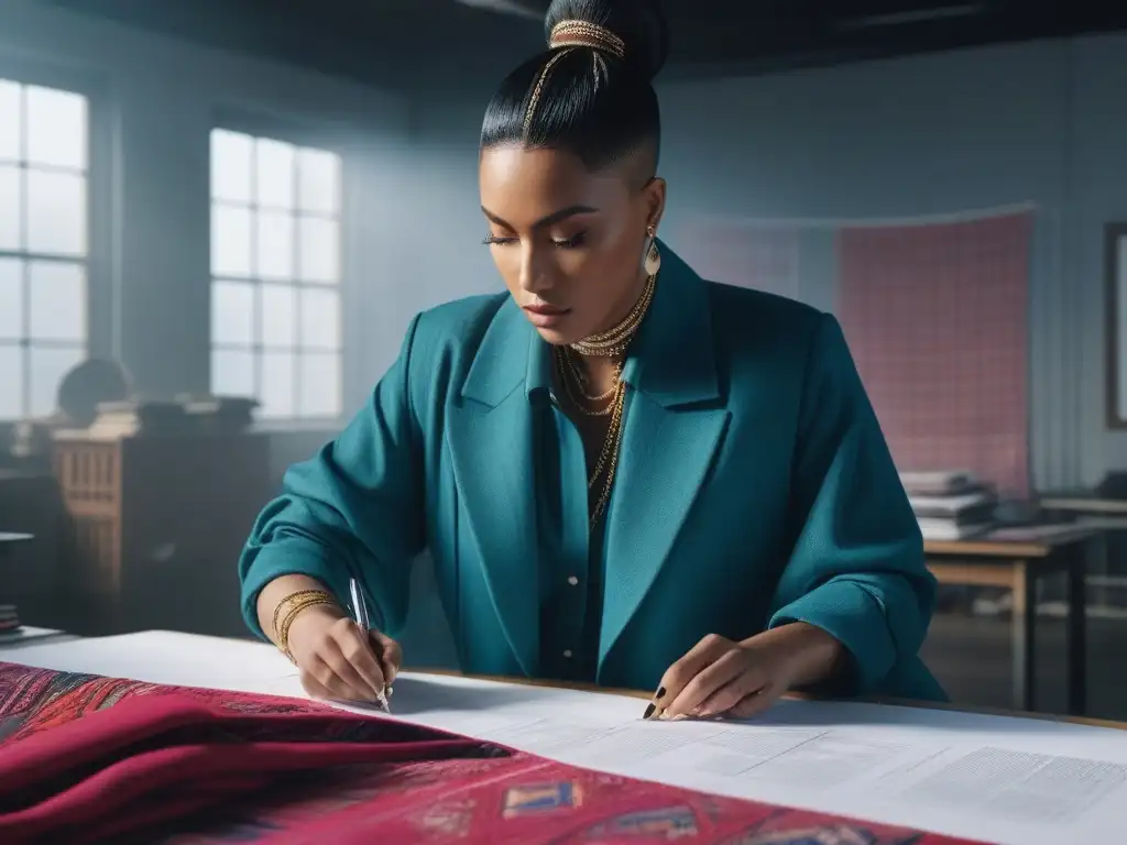 Diseñadorx no binario fusiona tradición y modernidad en atelier soleado Un diseñador de moda no binaria crea prendas culturales en un estudio luminoso lleno de textiles coloridos y revistas de moda
