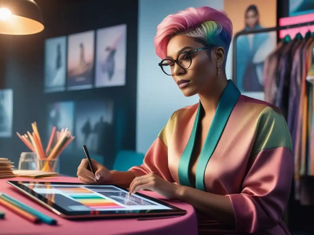 Diseñadorx de moda creando colección inclusiva en tablet Un diseñador de moda no binario y seguro de sí mismo crea diseños innovadores rodeado de telas y revistas de moda