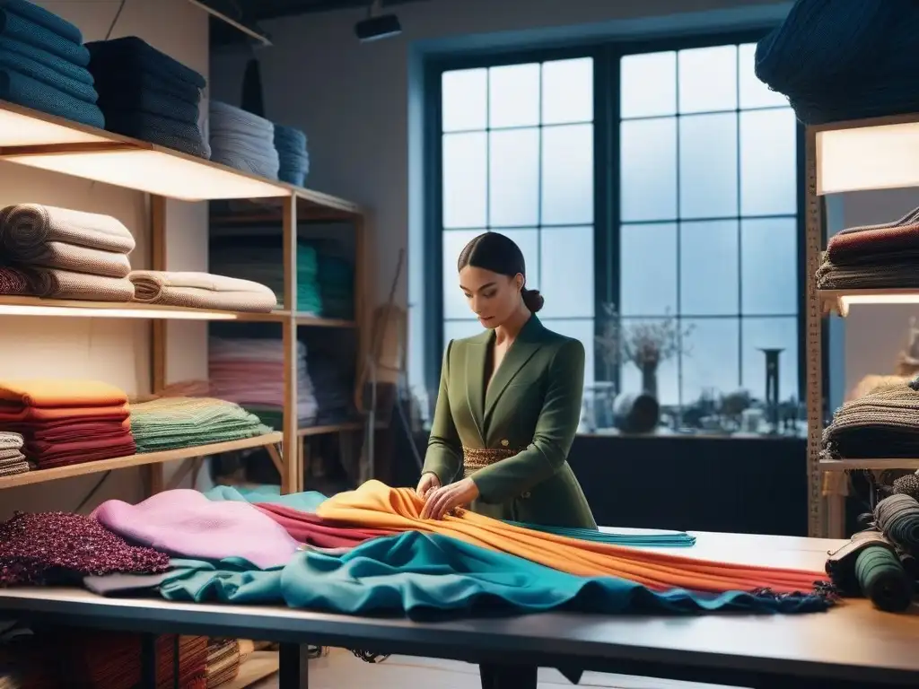 Diseñador de moda creando con materiales reciclados en un taller futurista Un diseñador de moda crea con certificaciones moda reciclada sostenible en un atelier futurista, rodeado de telas coloridas