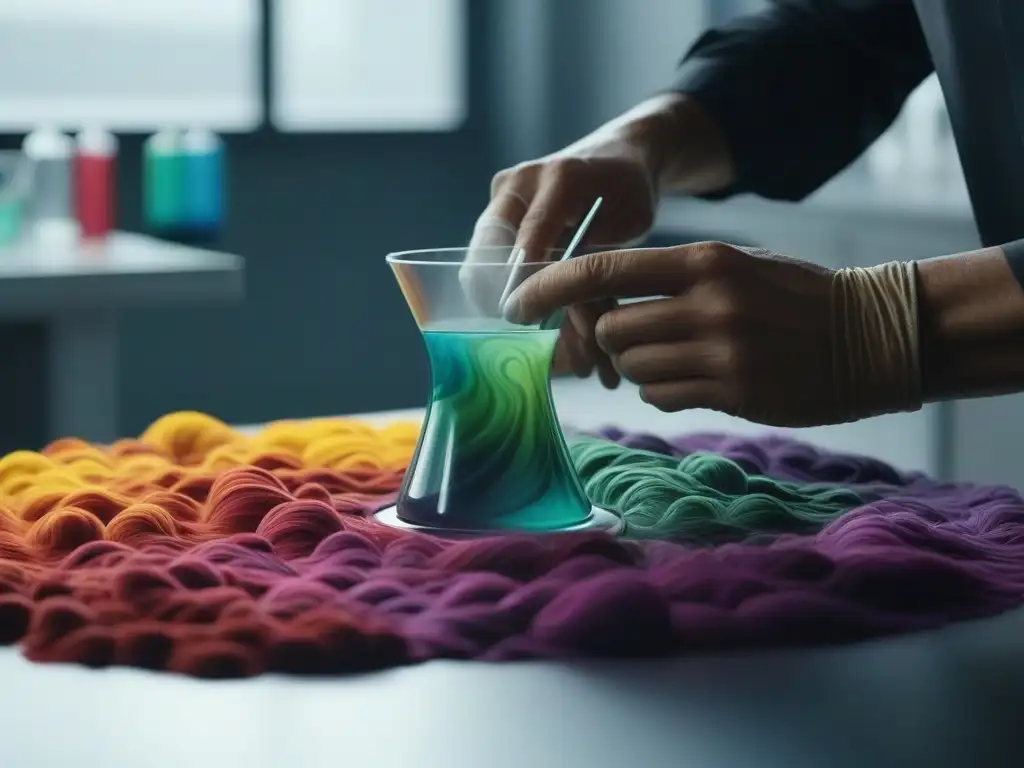 Mezcla de tintes ecofriendly: innovación sostenible en moda Un diseñador de moda mezcla certificaciones tintes sostenibles moda en un laboratorio minimalista