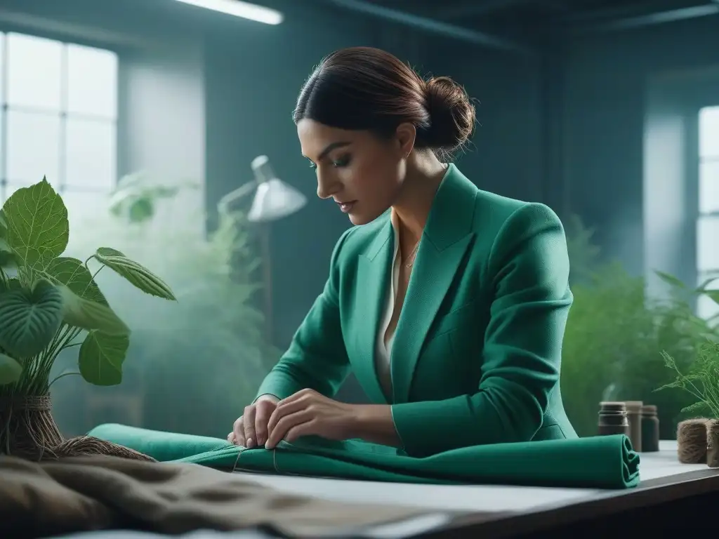 Diseñador de moda sostenible creando con pasión en estudio luminoso Un diseñador de moda comprometido con certificaciones sostenibilidad, creando una prenda eco en su estudio luminoso