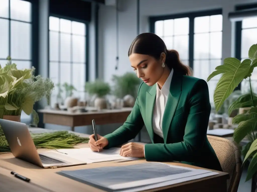 Diseñador de moda sostenible: innovación eco en el taller Un diseñador de moda comprometido crea en su taller sostenible rodeado de materiales ecofriendly