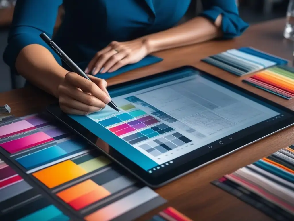 Diseñador de moda creando en tablet con muestras de tela y mood board Diseñador de moda concentrado en tableta con muestras de tela y mood board, moda adaptativa retroalimentación usuarios