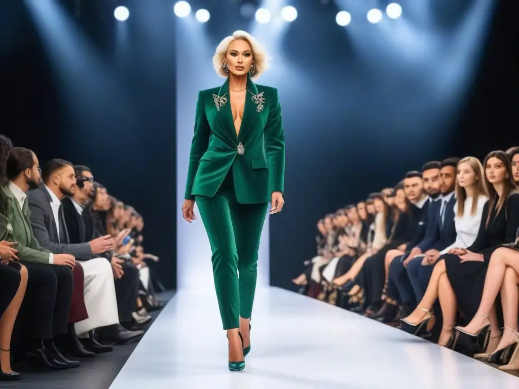 Diseñador de moda senior deslumbra con colección vanguardista en pasarela Un diseñador senior de moda desfila con confianza en pasarela, mostrando una colección sofisticada y vanguardista