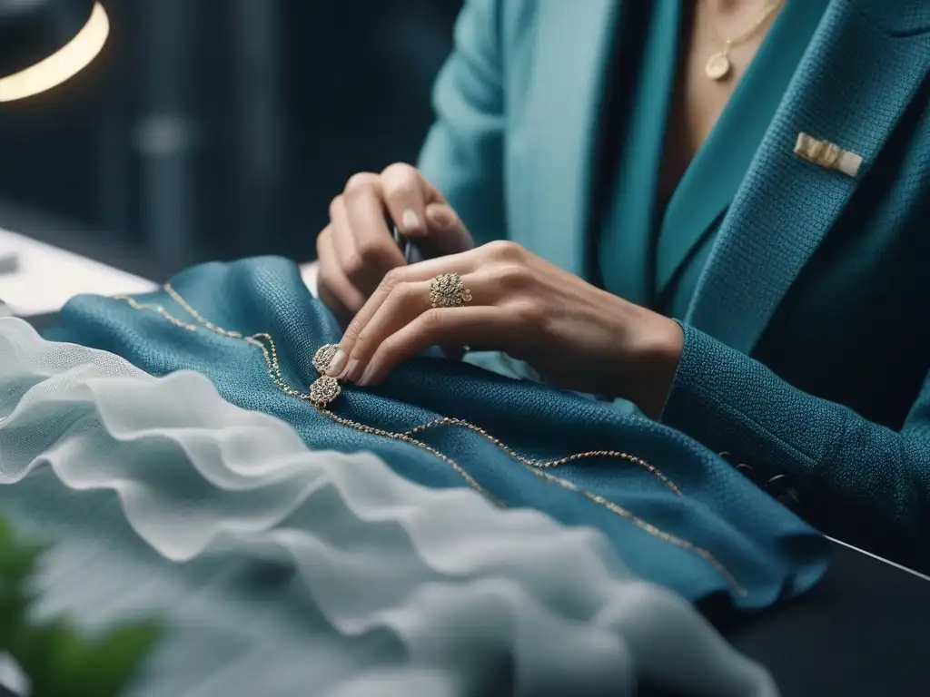 Diseñador de moda creando prenda sostenible en estudio ecológico Un diseñador de moda cose con delicadeza prendas de materiales biodegradables en un estudio sostenible