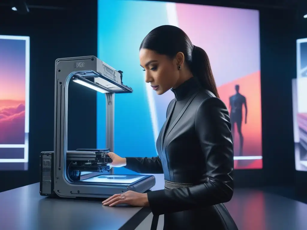 Diseñador de moda creando con impresora 3D en estudio futurista Diseñador de moda en estudio futurista usando impresora 3D para crear prenda personalizada