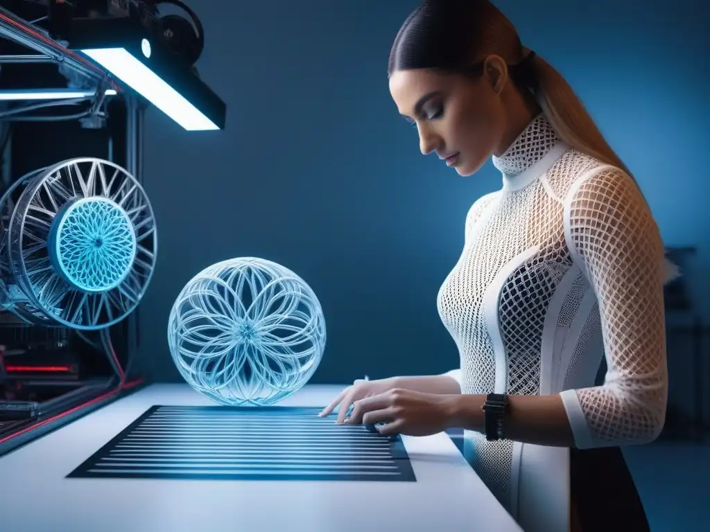 Moda futurista: Diseñador crea prendas personalizadas con impresión 3D Un diseñador de moda en un estudio futurista, rodeado de impresoras 3D creando diseños de ropa personalizada