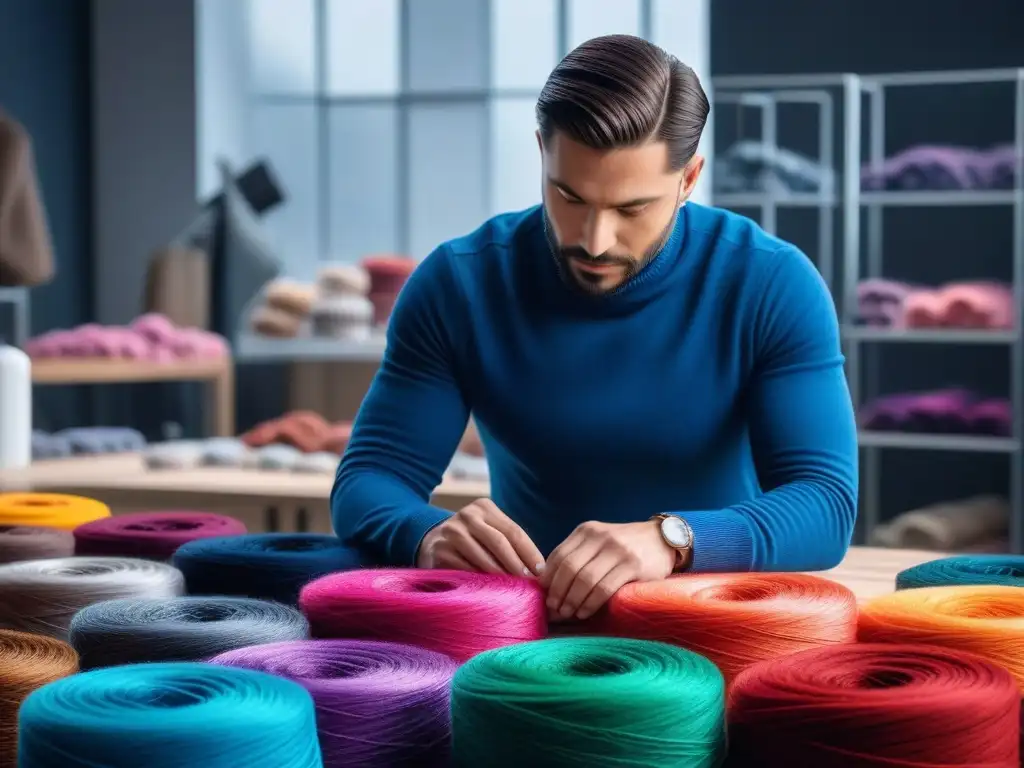 Diseñador de moda sostenible: creatividad con conciencia eco Diseñador de moda en estudio moderno seleccionando fibras recicladas para colección sostenible