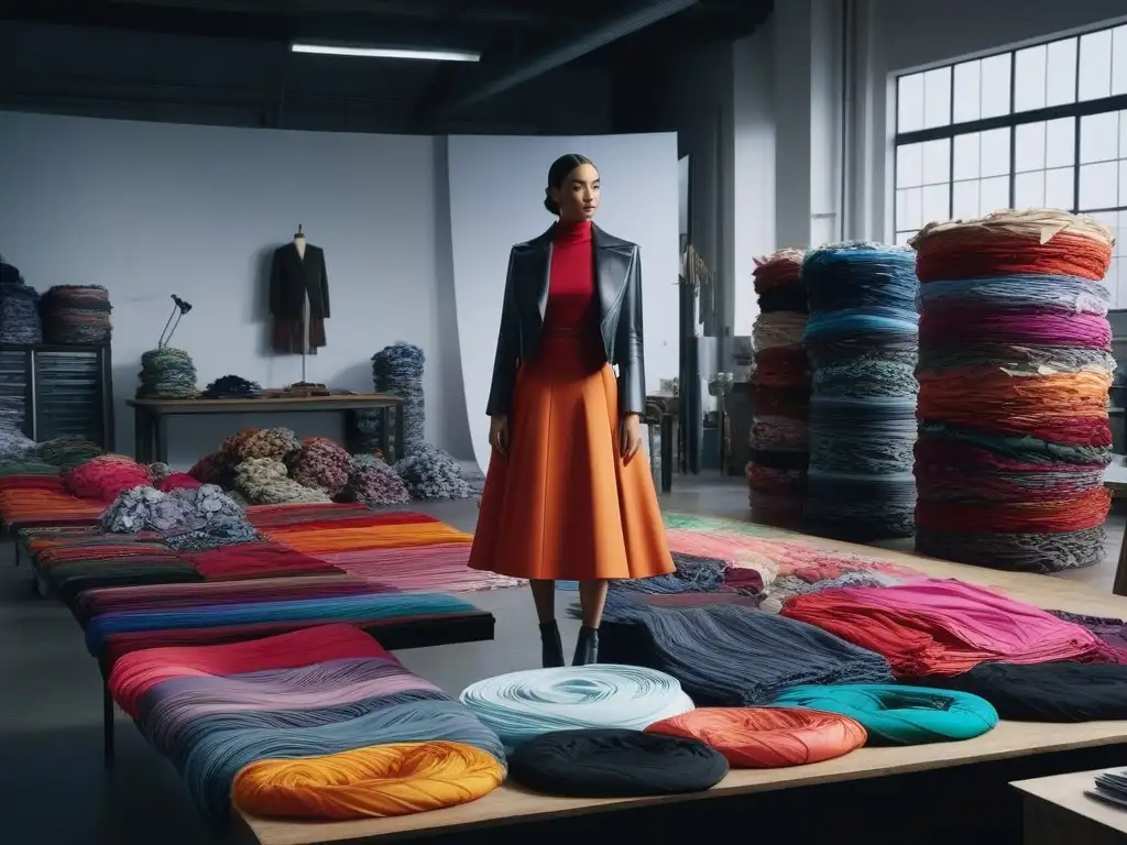 Diseñador de moda creando con telas recicladas en estudio moderno Un diseñador de moda en su estudio, rodeado de telas recicladas en colores vibrantes