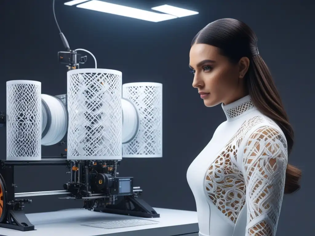 Diseñador de moda fusiona arte y tecnología en alta costura 3D Un diseñador de moda utiliza una impresora 3D para crear piezas de alta costura, fusionando artesanía tradicional con innovación futurista