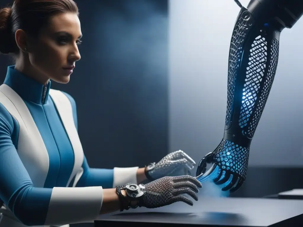 Diseñador de moda con impresora 3D creando prótesis futurista Un diseñador de moda utiliza una impresora 3D para crear una prótesis futurista, en un ambiente de alta tecnología