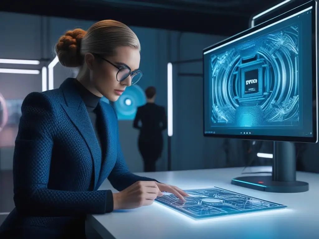 Moda futurista: diseño 3D de alta tecnología Un diseñador de moda inmerso en la creación de prendas 3D vanguardistas en un estudio futurista