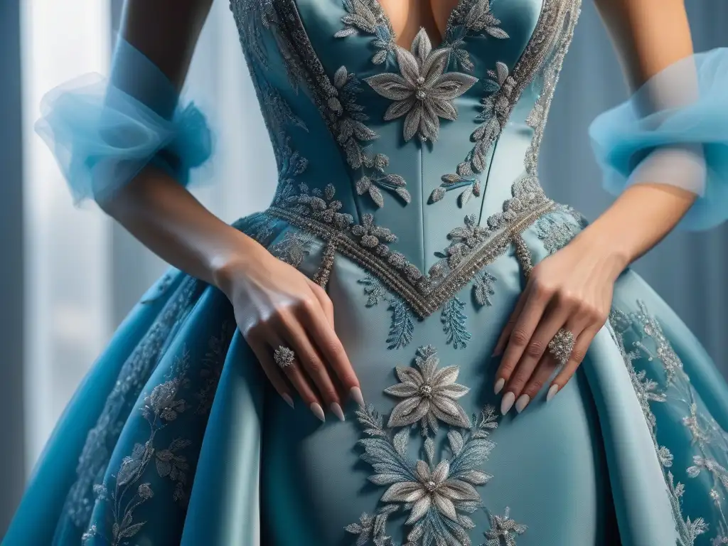 Arte con Aguja: Costura Detallada en Vestido de Noche Un diseñador de moda personaliza una lujosa prenda de noche con bordados detallados