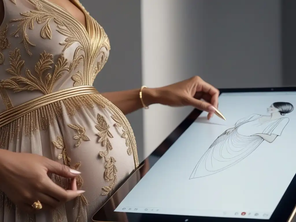 Diseñadora de moda crea vestido de maternidad: arte y tecnología fusionados Diseñador de moda maternal crea diseño detallado en tablet, fusionando tecnología y arte en estudio chic