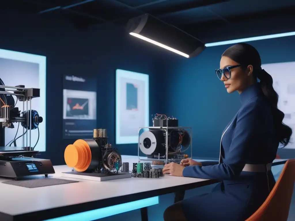 Moda futurista: diseñador supervisa impresión 3D de vanguardia Diseñador de moda con impresión 3D creando piezas vanguardistas en estudio moderno