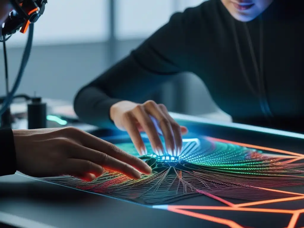 Diseñador de moda creando prenda 3D avant-garde con tecnología innovadora Un diseñador de moda crea una prenda futurista con impresión 3D