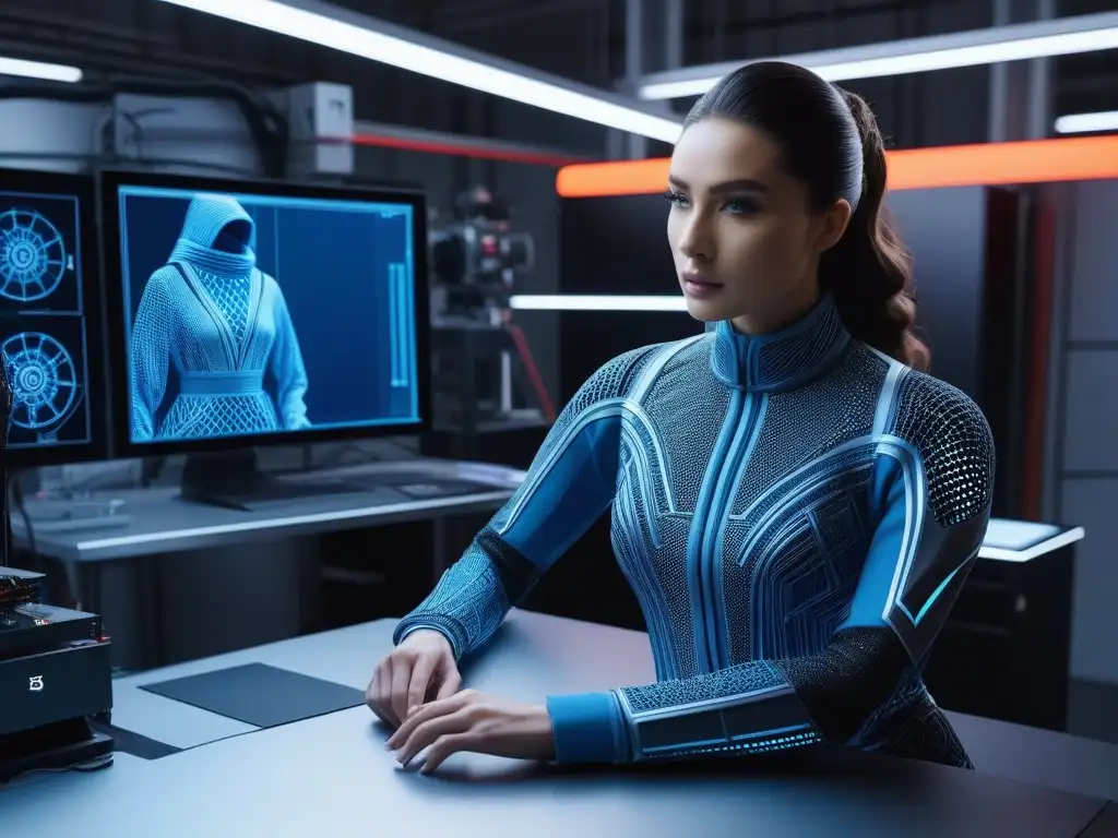 Diseñador de moda creando obra maestra en impresora 3D Un diseñador de moda con impresión 3D crea una prenda futurista e intrincada en un ambiente tecnológico y vanguardista
