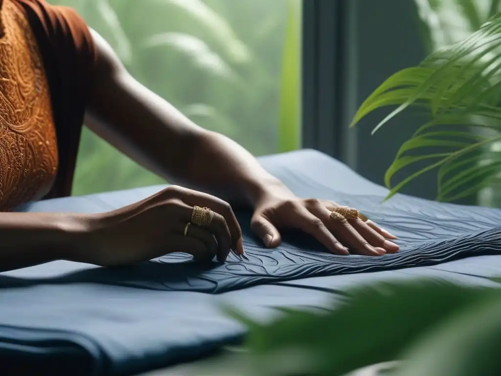 Diseñador de moda sostenible creando con caucho amazónico Un diseñador de moda sostenible crea con destreza un guardarropa de caucho natural, fusionando tradición y ecoinnovación
