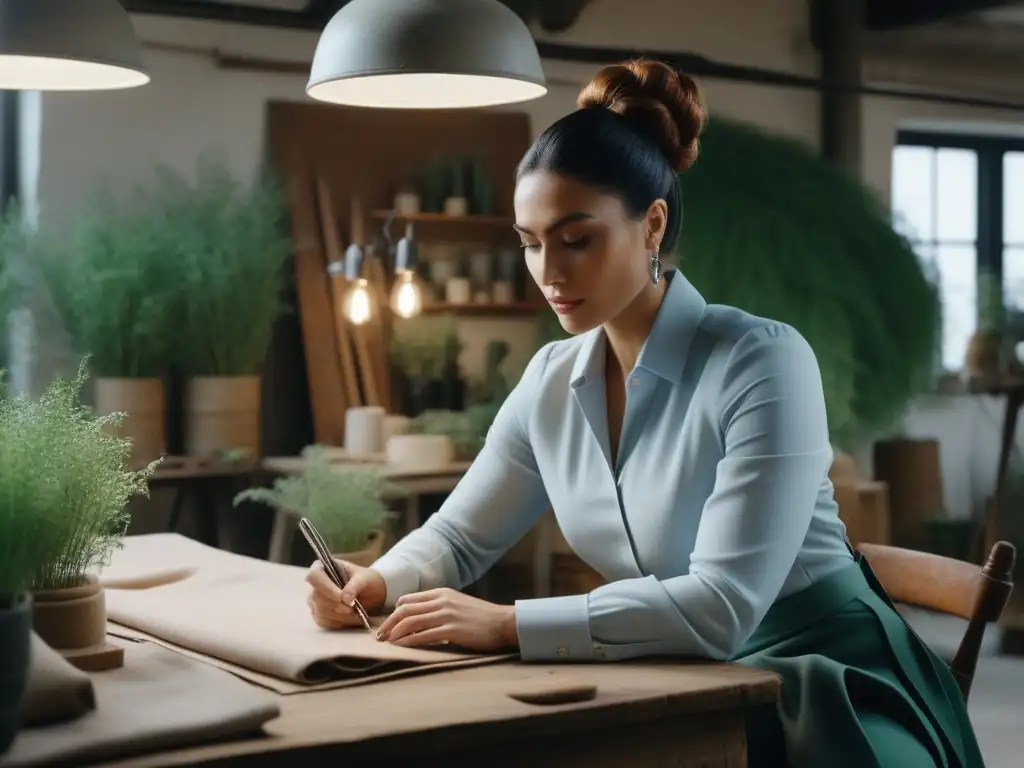 Moda sostenible: la pasión de un diseñador creando con conciencia Un diseñador de moda sostenible creando una prenda ética en un taller iluminado, rodeado de telas ecofriendly y plantas