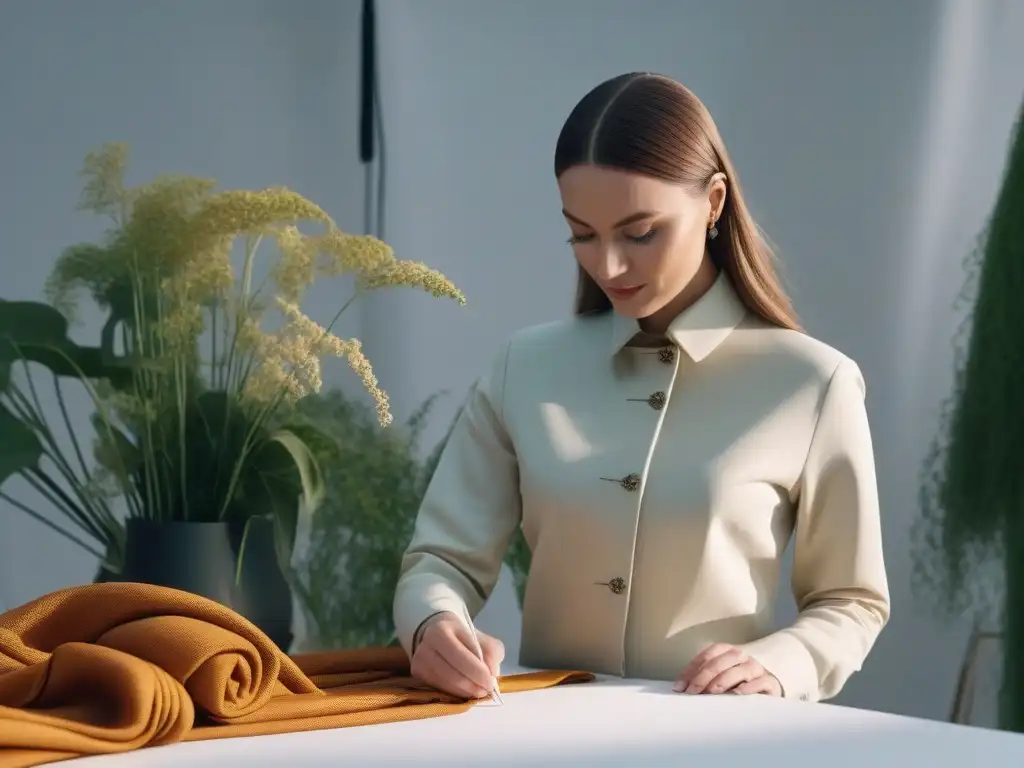 Diseñador de moda sostenible creando con tela innovadora en estudio ecológico Un diseñador de moda sostenible crea con tejidos innovadores en un estudio ecofriendly lleno de luz natural y plantas