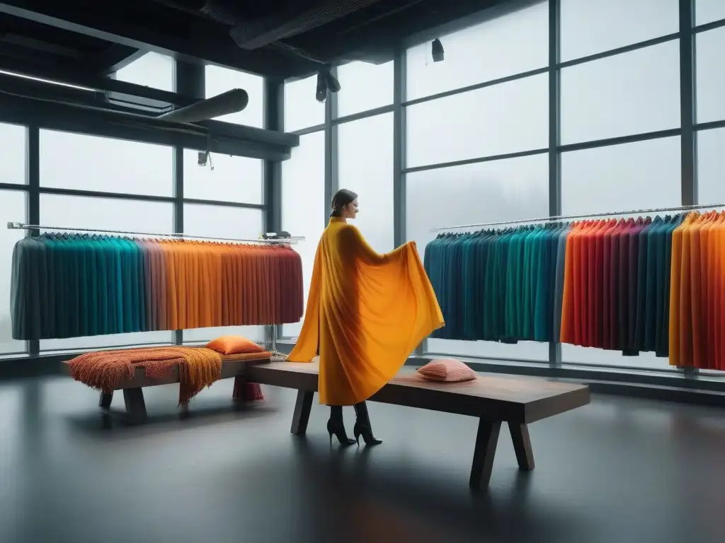 Diseñador de moda: inspección de telas sostenibles en estudio moderno Un diseñador de moda examina telas sostenibles con certificaciones en un estudio moderno y creativo