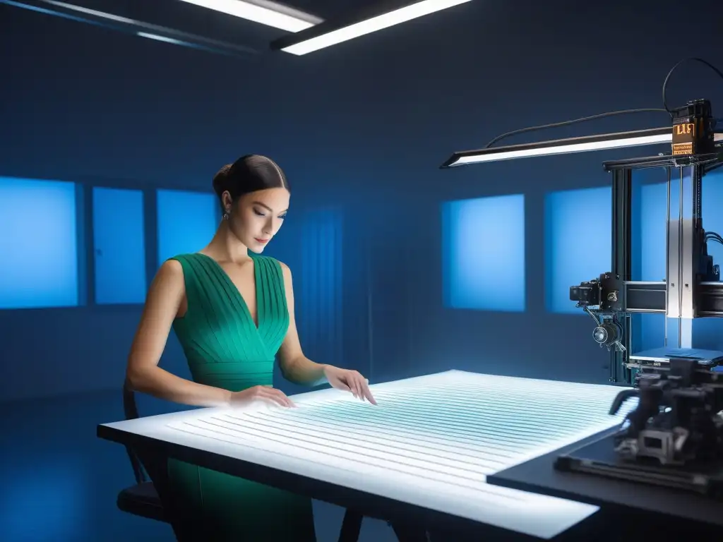 Diseñador de moda creando vestido 3D en estudio futurista Diseñador de moda con impresión 3D ajustando un vestido innovador en estudio futurista